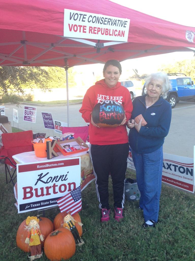 TX_Saul's tweet photo. We met this nice lady at the polls. She voted for @KonniBurton and has an upcoming birthday! #sd10 #takebacksd10 http://t.co/KiaGIXQlUi