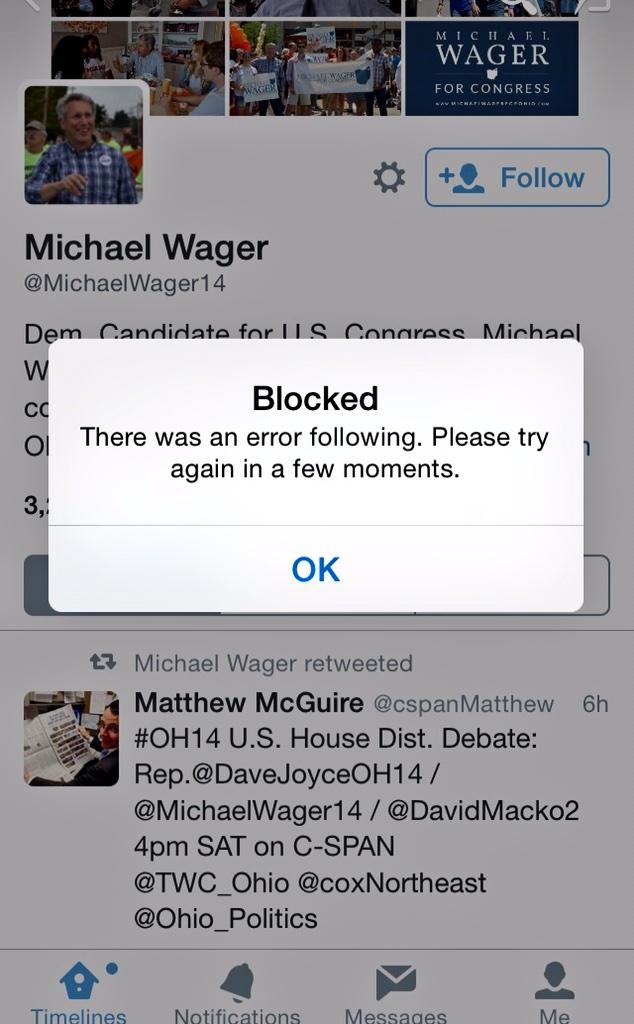 KeepOhioRed's tweet photo. Blocked by @MichaelWager14? I'm so proud! #FailedCandidate #LookingForwardToWednesday http://t.co/f5k8ev11FV