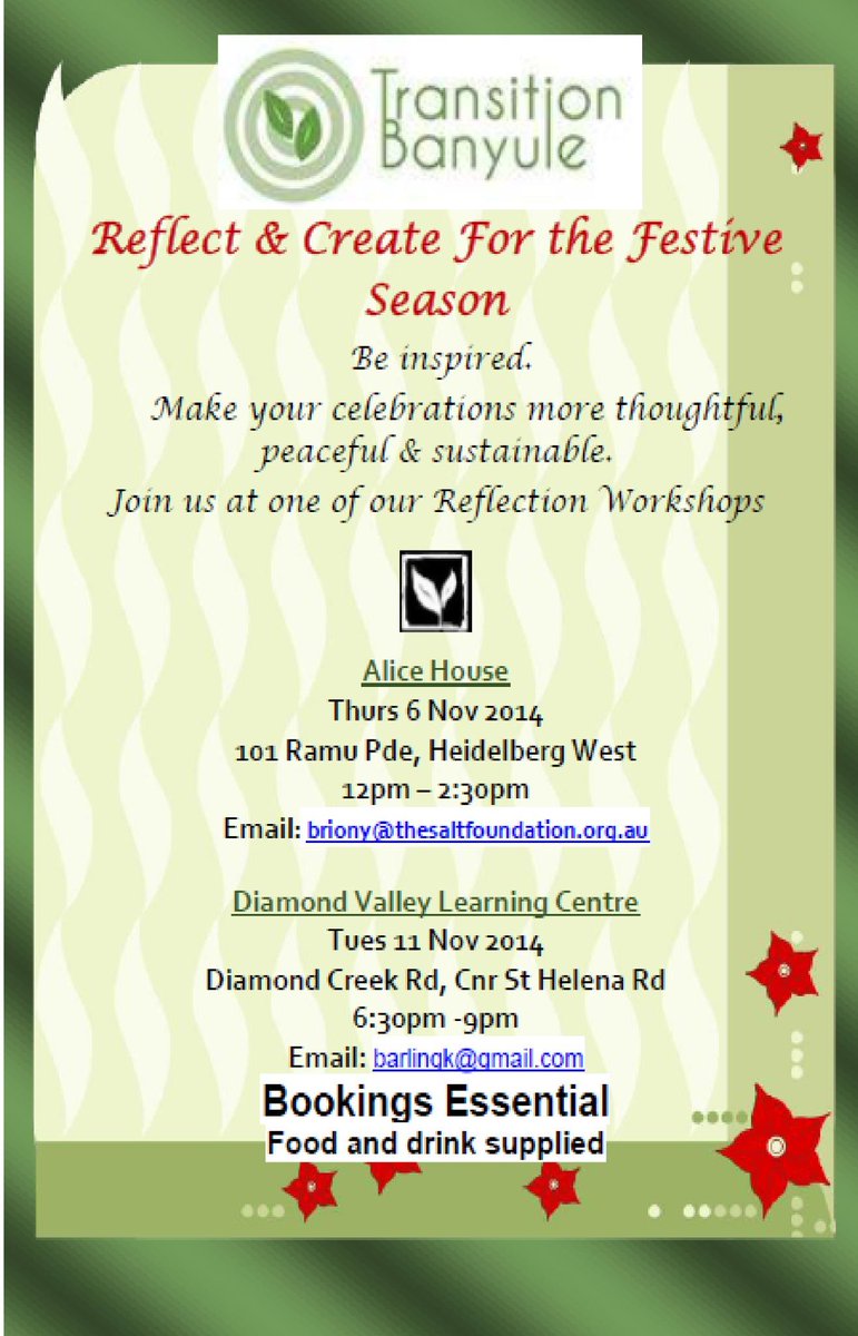 salt_foundation's tweet photo. Transition Banyule are conducting 2 Festive workshops in Nov. Make xmas more peaceful &amp; thoughtful. Book now.. http://t.co/IfyqWKyXy1