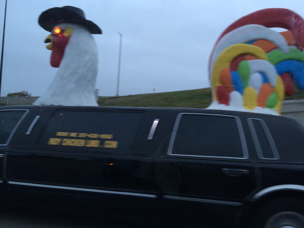 Seriously just passed a limo with a chicken on top #mademehungry...until I saw the glowing eyes