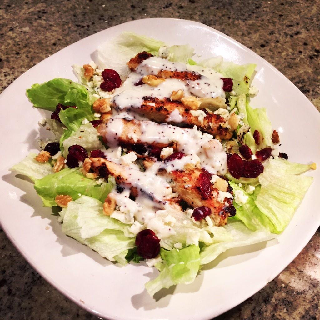 righteousbrew's tweet image. Our new Autumn Salad! Featuring grilled chicken, cranberries, feta cheese, and our signature poppyseed dressing!