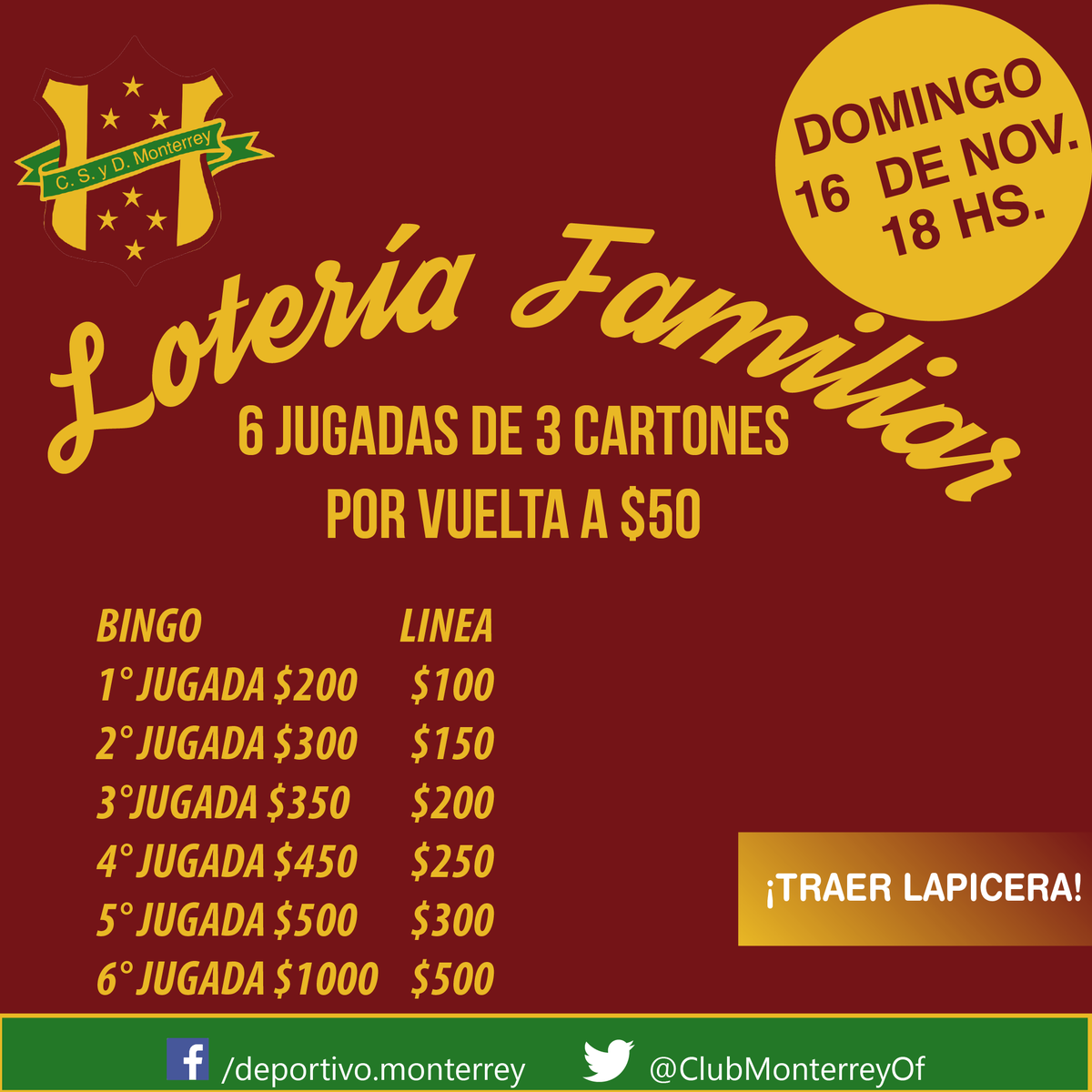 Clubmonterreyof's tweet photo. Gran lotería familiar! Buscá tus cartones de mar a vie de 17:30 a 19:30 en el estadio y sáb de 10 a 13 en la sede! http://t.co/ijHMIJNU0X