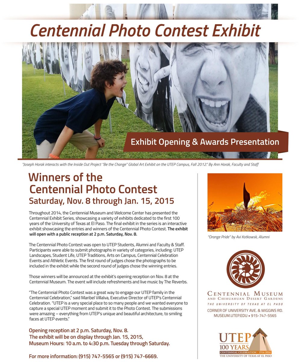 UTEP100Years's tweet photo. Join us for the opening of the Centennial Photo Contest at the @CentennialMuseu Sat. Nov. 8 @ 2 pm.  #UTEP100Years http://t.co/IHMWzjtXjb