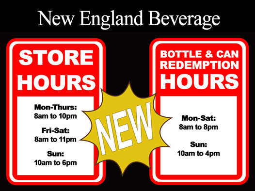Sunday opening hours <a href="/NEBeverage/">New England Beverage</a> will be 10:00am beginning tomorrow,Nov 2.
See attached daily hours <a href="/NEBeverage/">New England Beverage</a>