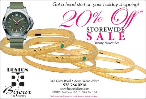 We are kicking off our November #Promotion. Save 20% on all in stock  #Jewelry in our #Acton location. #BostonBijoux