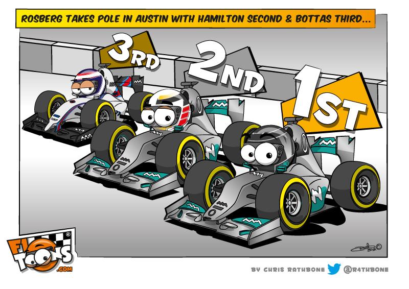 R4THBONE's tweet photo. #Rosberg takes pole for the #USGP, #Hamilton 2nd &amp; #Bottas 3rd...
#Austin
#AustinGP
#F1TOONS
#Mercedes http://t.co/d5bBpFm9K1