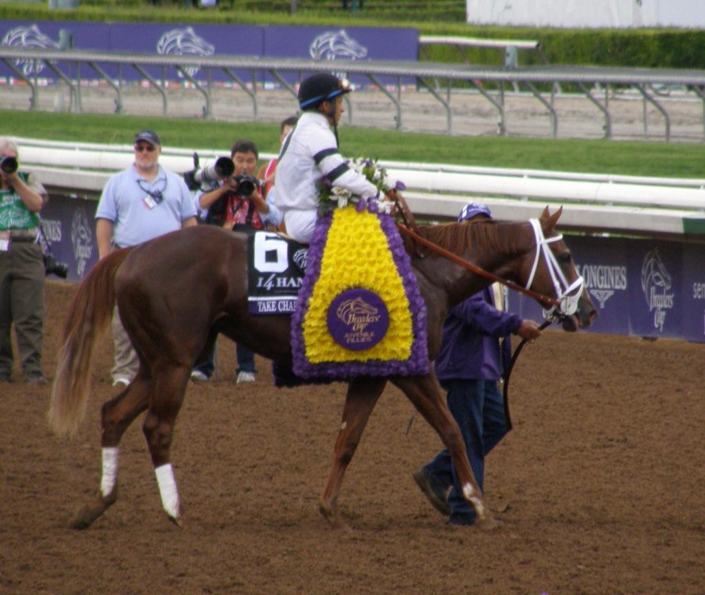 Victor Espinoza on board #BreedersCup Juvenile Fillies upset winner Take Charge Brandi.
