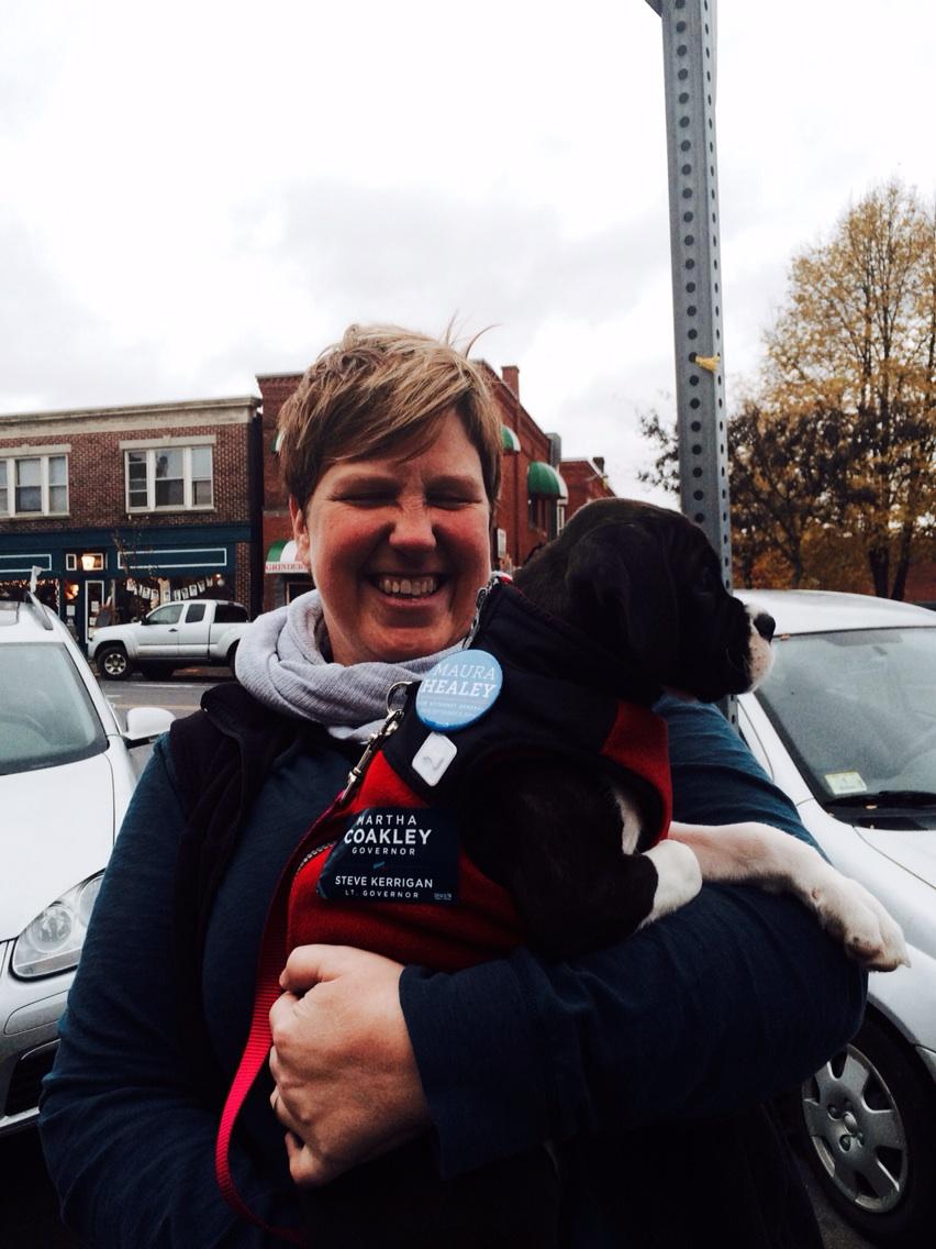 maura_healey's tweet photo. Meet Stella, the newest member of our #Greenfield #dogs4Maura team- Just in time for GOTV! #mapoli #mapoliwithanimals http://t.co/ewxmRIGvUq