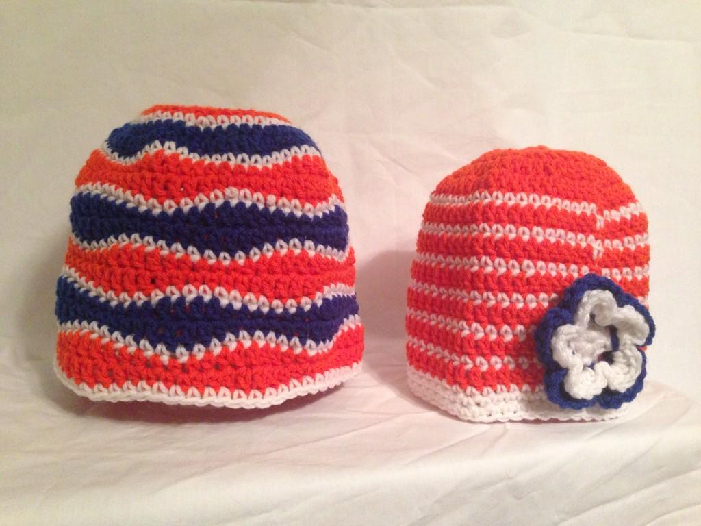 BabyBooCrochet's tweet image. his and hers complimentary #Broncos themed winter hats