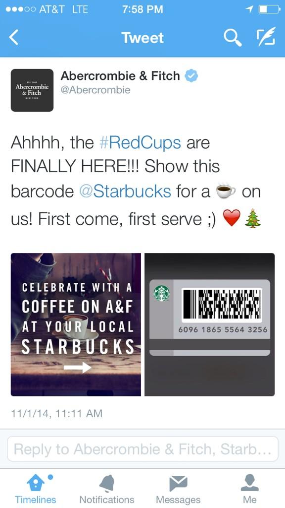 sminero's tweet photo. .@Abercrombie spreads holiday cheer via free Starbucks coffee.  But they've  gamefied it in a way you've never seen. http://t.co/9rw0GigV23