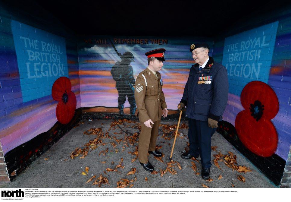 northnews's tweet photo. Two generations of war heroes pay their respects at a commemorative bus shelter in Prudhoe #RemembranceSunday http://t.co/Hapm6vedIv