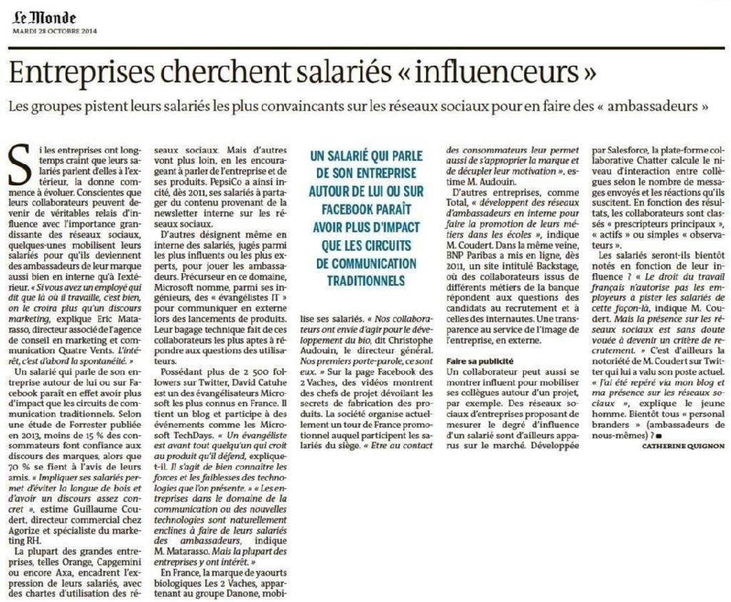 Entreprises cherchent salariés « influenceurs » (@CatherineQui @lemondefr via @sab_greich) #AmbassadeurEntreprise
