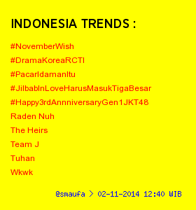 W_enny's tweet photo. Theheirs 😍"@showtrendingID: Top : 02-11-2014 12:40  ↑

1.#NovemberWish 
2.#DramaKoreaRCTI 
3.#PacarIdamanItu http://t.co/1M9ZWin4zE"