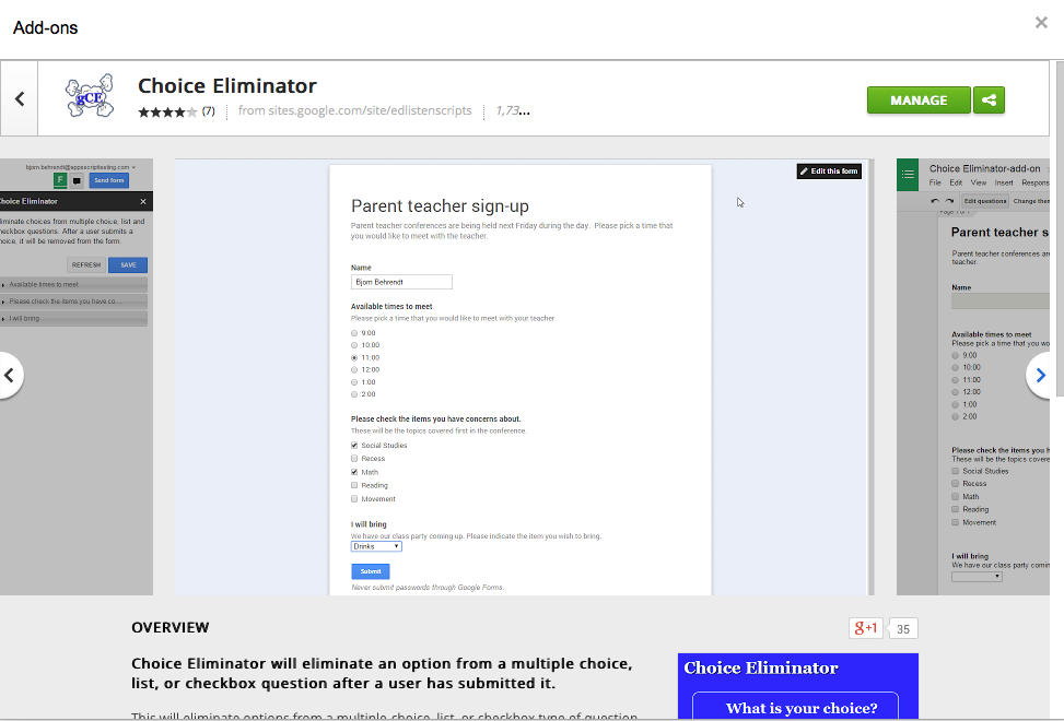 shareTED's tweet image. Choice Eliminator Add-on in Google Forms - Great for Ss group topics, parent conf, &amp;amp; pres topics. #edtech #caedtech