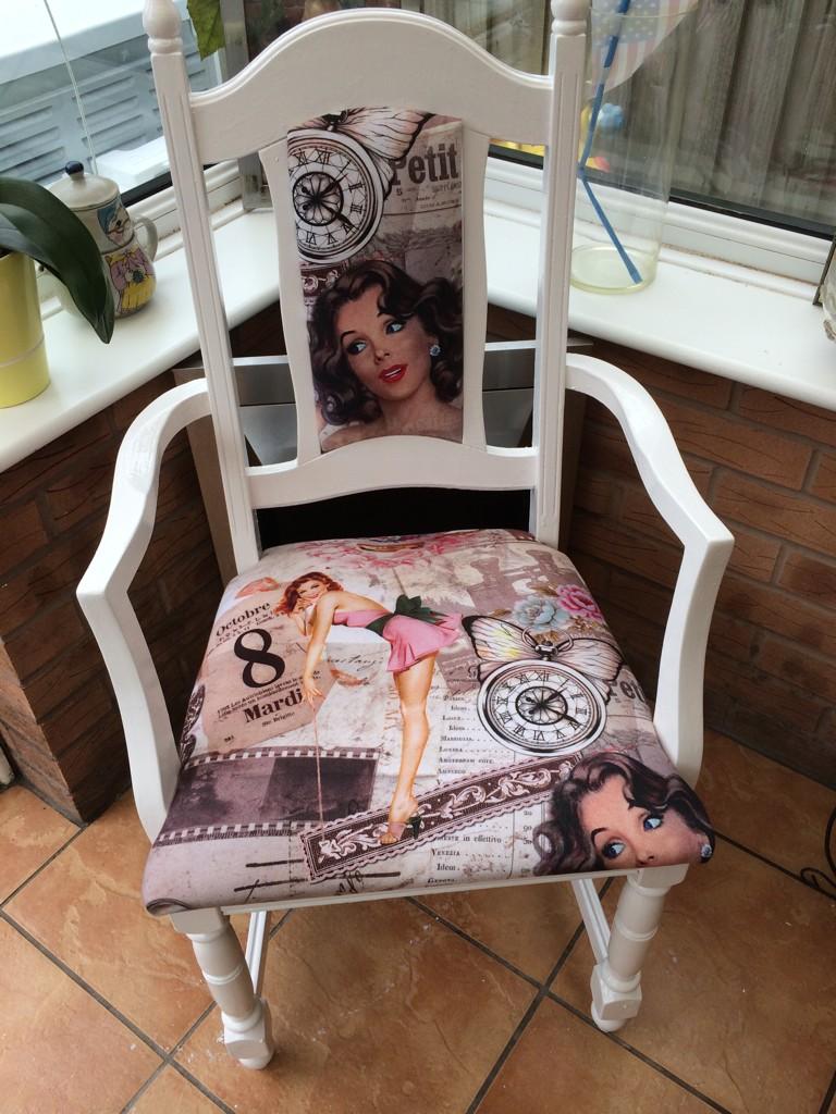 chair_raiser's tweet photo. My before and after from last few weeks recovered in 1950's calendar girl fabric 1 customer wanted white other plain http://t.co/saPqw5PJqO
