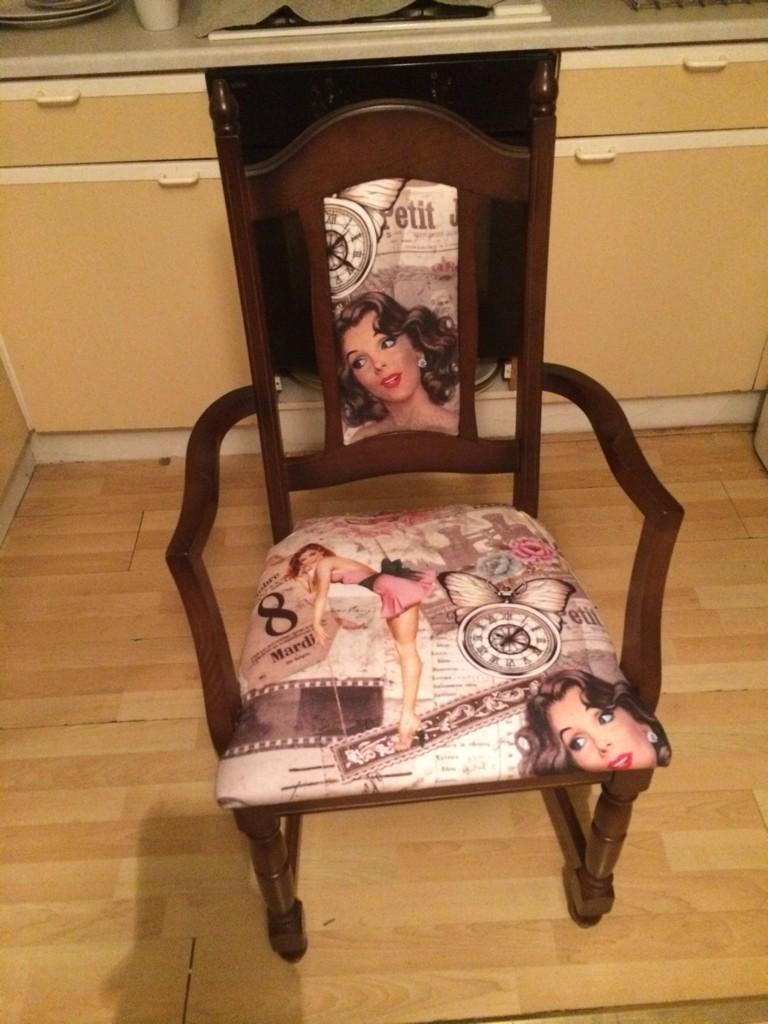 chair_raiser's tweet photo. My before and after from last few weeks recovered in 1950's calendar girl fabric 1 customer wanted white other plain http://t.co/saPqw5PJqO