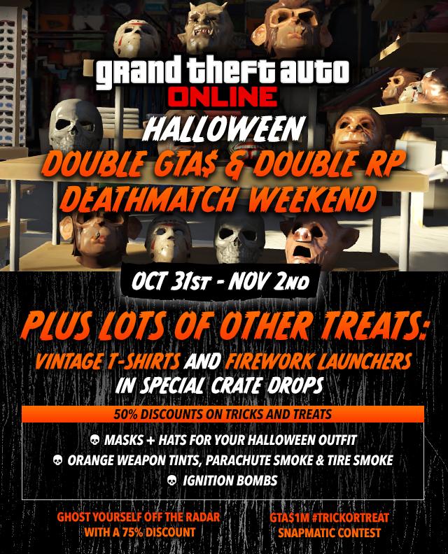 RockstarGames's tweet image. LAST DAY to get Double GTA$ &amp;amp; Double RP in ALL Deathmatches for #GTAOnline Halloween Weekend rsg.ms/b4ac5a0