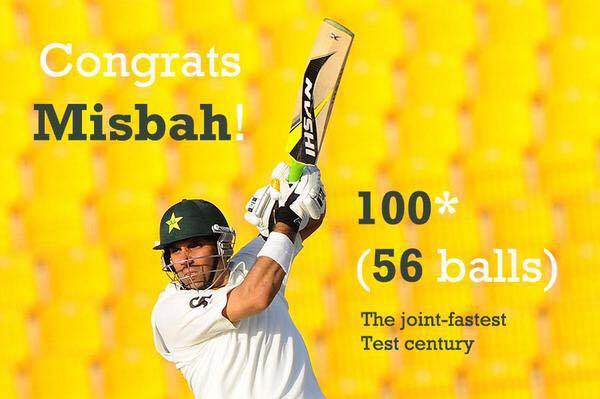 PTIPunjabPK's tweet photo. Congratulations Pakistan! Misbah-ul-Haq is now the World Record Holder for fastest Century in a Test Match. #Pakistan http://t.co/BCSschhvvZ