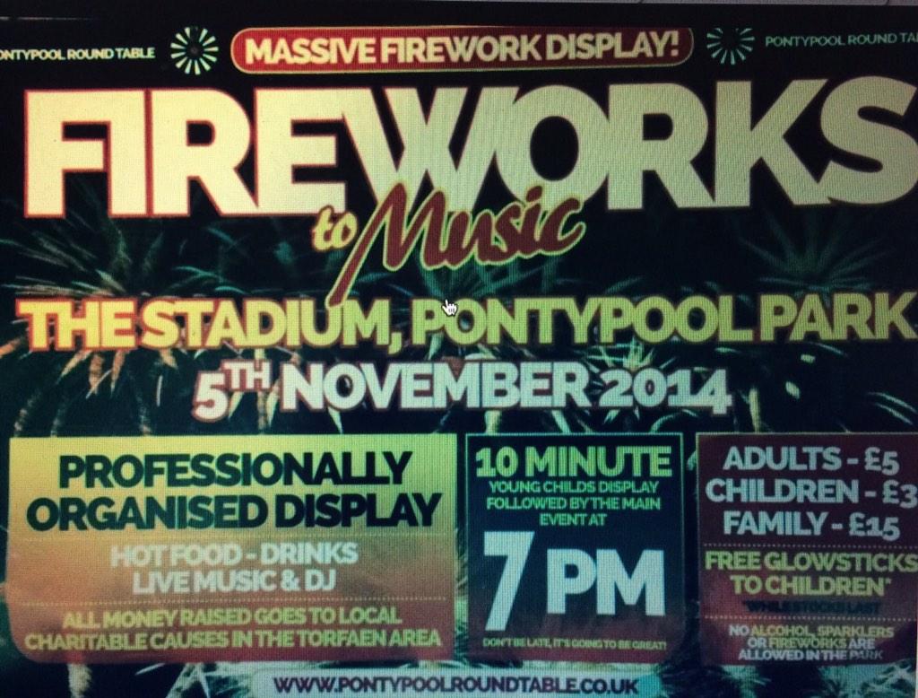 Pontypool round table charity fireworks display at Pontypool park this Wednesday gates open at 5.30