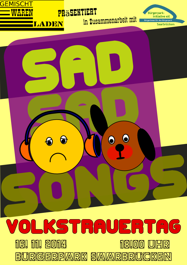 buergerpark_ini's tweet photo. #Saarbrücken: #SAD SAD #SONGS am #Volkstrauertag unter der Westspange im #Bürgerpark ab 18 Uhr http://t.co/Yo1iOAakHz http://t.co/N1FZKB0azr
