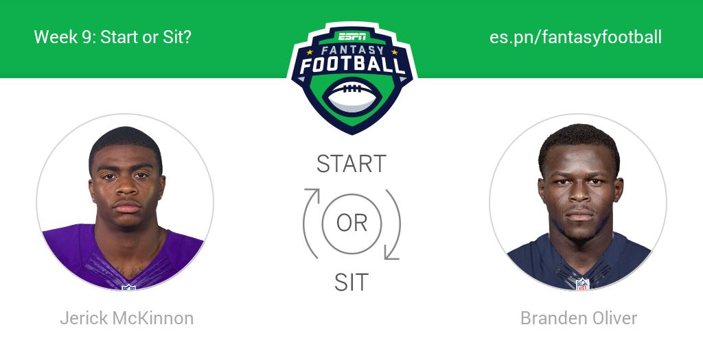 Andrew Joyce (@drewjoyce30) on Twitter photo Who should I start this week? Jerick McKinnon or Branden Oliver! <a href="/ESPNFantasy/">ESPN Fantasy Sports</a> #FantasyFootball Who should I start this week? Jerick McKinnon or Branden Oliver! <a href="/ESPNFantasy/">ESPN Fantasy Sports</a> #FantasyFootball
