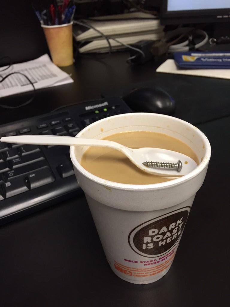 nicholaskida's tweet photo. Found this screw in my coffee today... Lucky thing my tetanus shot is up to date. #mydunkin @DunkinDonuts http://t.co/mH3AaV0GpJ
