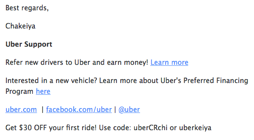 LAUberGal's tweet photo. Uber Support staff seeking extra cash too. Now including own promo codes in email replies. #walmarteffect http://t.co/xAS6syuaTE