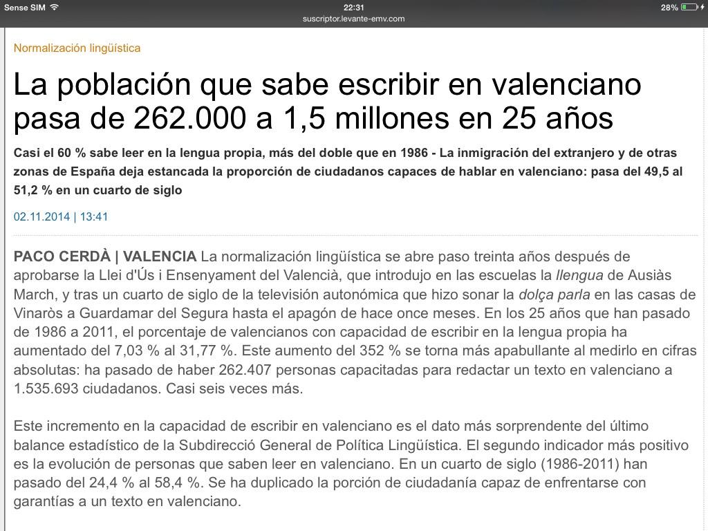 EugeniAlemany's tweet photo. La població que sap escriure en valencià passa de 262.000 a 1.500.000 milions en 25 anys. #històric #brutal http://t.co/umGfLvrwOj