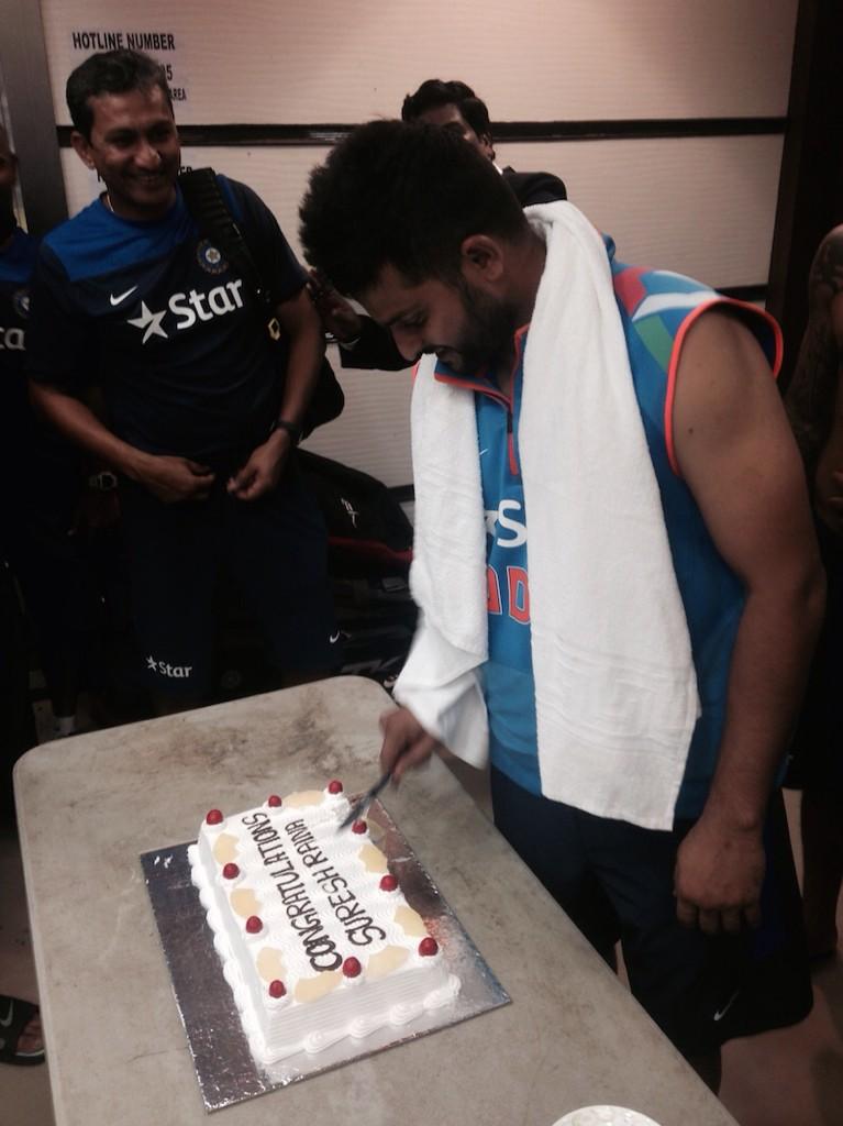 BCCI's tweet photo. . @ImRaina celebrates his 200th ODI appearance #IndvsSL #TeamIndia http://t.co/sv8z5SegX1