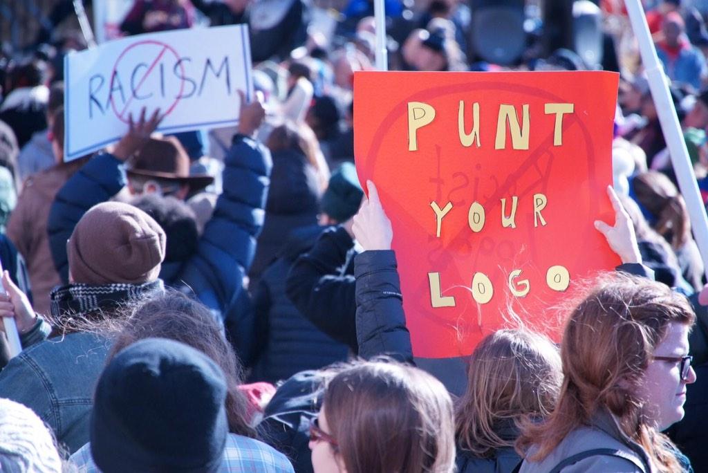 rycoolme's tweet photo. Protest signs like "PUNT YOUR LOGO" flying today at #NoHonorInRacism rally. #changethemascot #changethename http://t.co/AO3wyejvX9