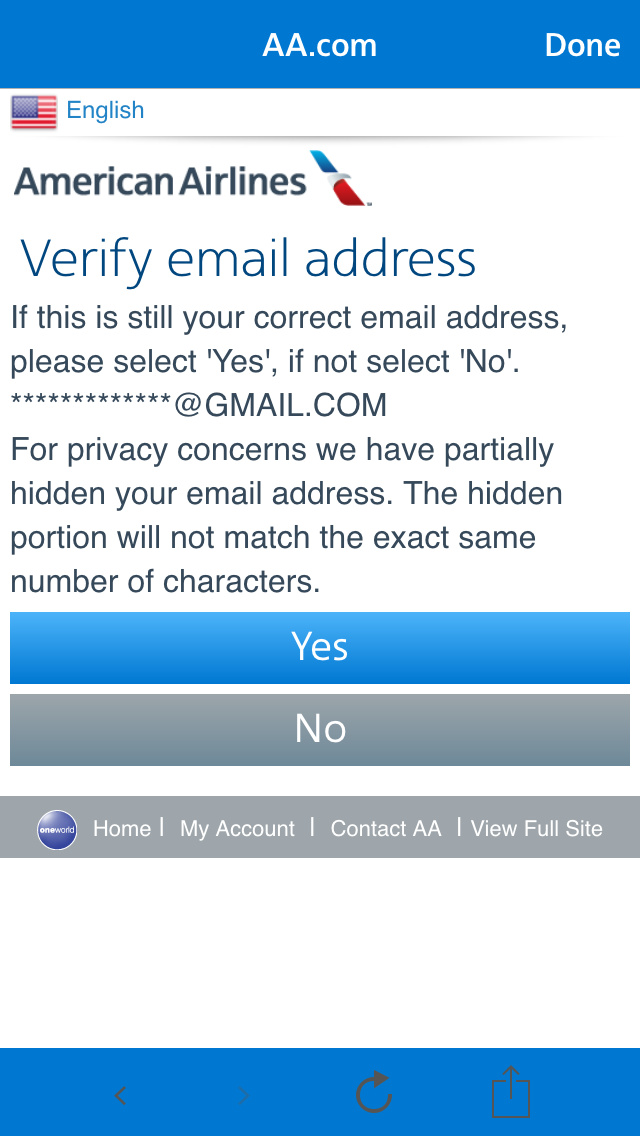 karenmcgrane's tweet photo. Fantastic email verification step from @americanair! Clearly my address and no one else: http://t.co/linusncUVN