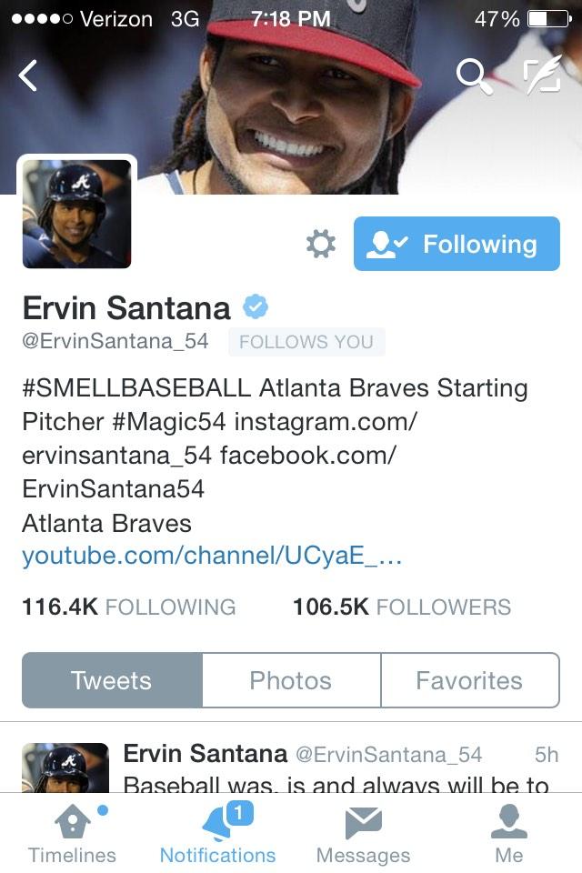 Kenwood96's tweet photo. Can we all just take a moment to realize the @ErvinSantana_54 followed me! 😳😁😁😄⚾️ #honored #pitchinglegend http://t.co/Br2LTOYB3B