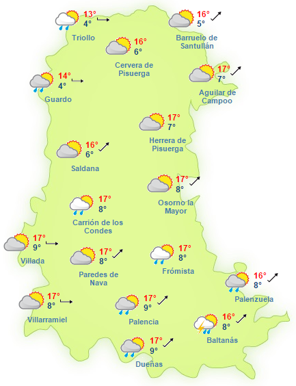 Al igual que en toda la comunidad habrá chubascos y temperaturas de 17º C de maxima, 8ºC de media en las 3 provincias