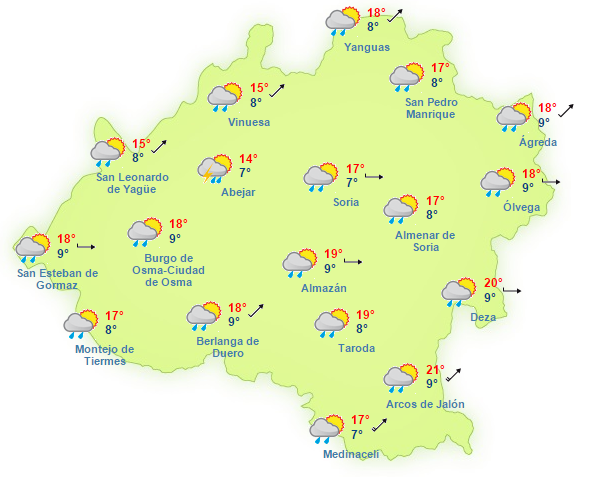 En Valladolid muchos chubascos y altas temperaturas en el sur (18ºC) en Soria mas de lo mismo y con hasta 21º en Deza