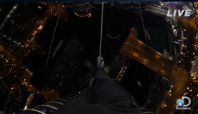 KSamChi's tweet photo. And another POV screenshot of @NikWallenda as he walks across. OMG. #Skyscraperlive http://t.co/9VRWWJAgB3