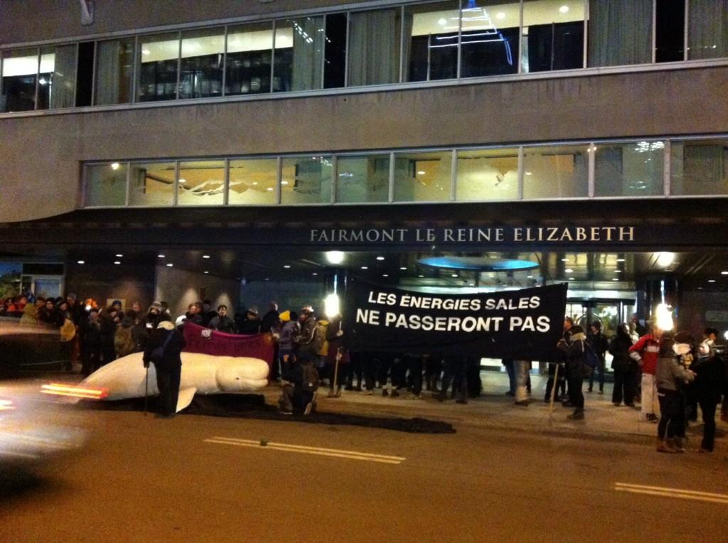 GeoffGrhm's tweet photo. Quebec oil industry meeting being protested in Montreal #anticosti #noline9 #EnergyEast #notarsands http://t.co/m3NNgDtjYe
