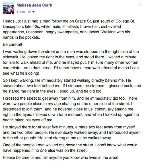 melissajclark_'s tweet photo. Be careful near Grace St &amp; College St. A man followed me as I walked home. White, late 40s... see pic for details. http://t.co/AWTOJtj9Cn