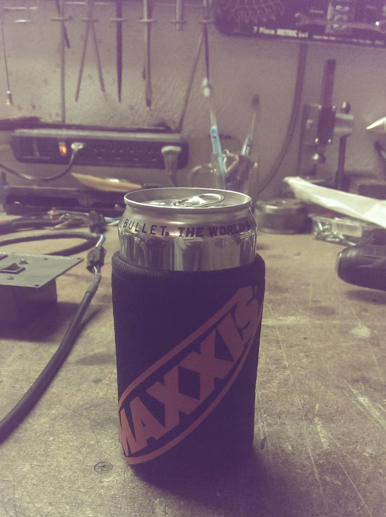 Boshomp's tweet image. I don't always use a koozie when I drink, but when I do it a @maxxistires koozie .