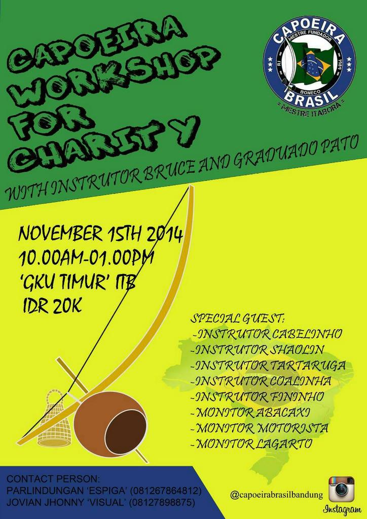 Yuk beramal sekalian berolahraga dengan teknik-teknik capoeira baru yg langsung diajarkan oleh Presiden GCB Indonesia