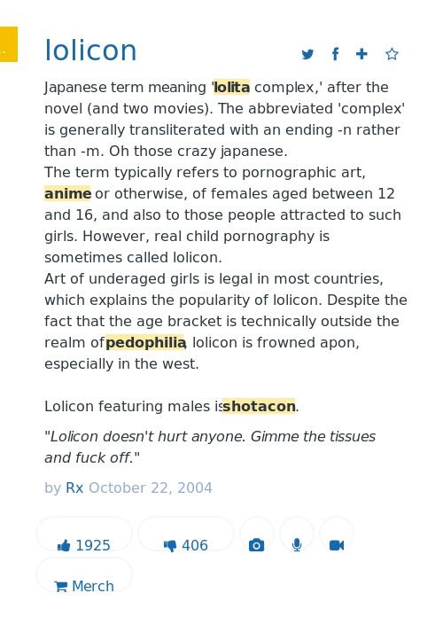 Urban Dictionary on X: @victorSmoses lolicon: Japanese term meaning 'lolita  complex,' after the novel    / X