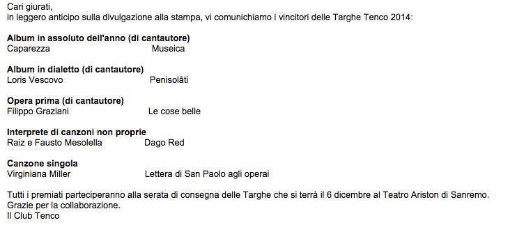 enverMusic's tweet photo. annunciati i vincitori delle #TargheTenco 2014: lieto soprattutto per @VirginianaM e @Simone_Lenzi. http://t.co/ju6yET8gE0