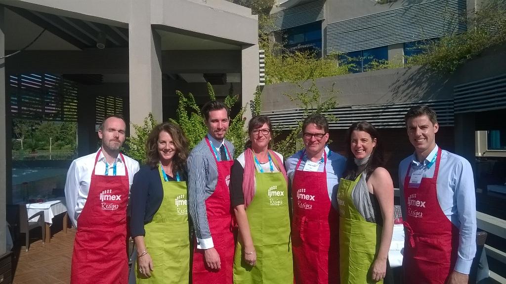 IMEXoliverh's tweet photo. IMEX team modelling apron gifts for all at the IMEX Lunch after this morning's sessions #iccaworld #imexrecipes http://t.co/v0FWZ9p4lY