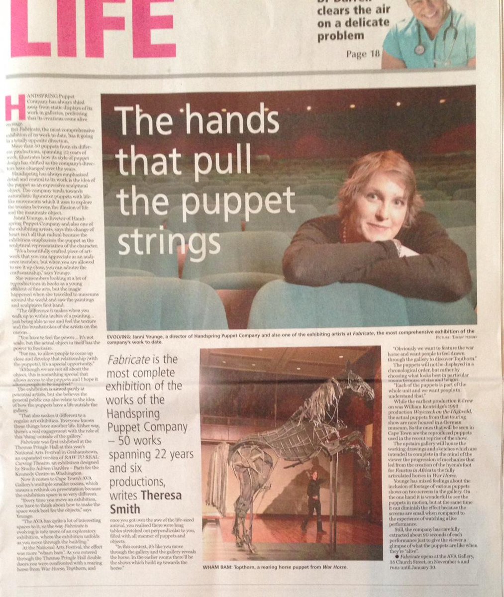 Handspring Puppet Co (@handspringcc) on Twitter photo Our own Jannie Younge on the cover of the <a href="/TheCapeArgus/">Cape Argus</a> LIFE segment #WarHorse #FABRICATE at <a href="/TheAVAGallery/">The AVA Gallery</a> 4 Nov 6pm Our own Jannie Younge on the cover of the <a href="/TheCapeArgus/">Cape Argus</a> LIFE segment #WarHorse #FABRICATE at <a href="/TheAVAGallery/">The AVA Gallery</a> 4 Nov 6pm