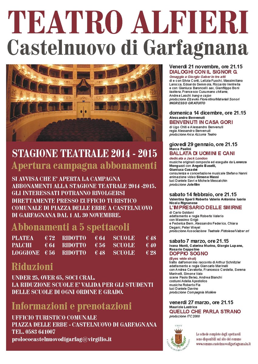 CastelnuovoGarf's tweet photo. #teatroalfieri #castelnuovodigarfagnana #garfagnana aperta la campagna abbonamenti 2014-2015. Magia del #teatro http://t.co/58XZjJkhTD