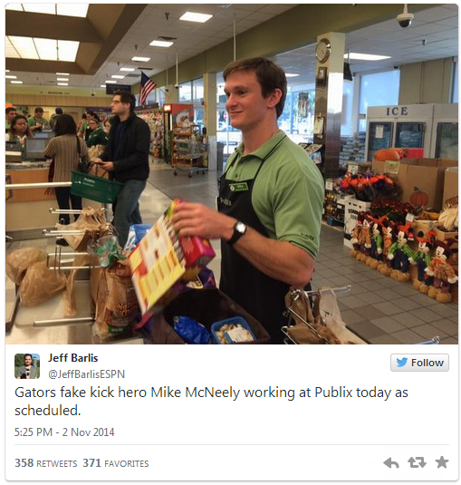 CollegeGameDay's tweet photo. On Saturday, his fake-FG TD sparked UF to an upset.

On Sunday, he was back bagging groceries. http://t.co/xN1o7aEWm0 http://t.co/fYKvXlC8jX