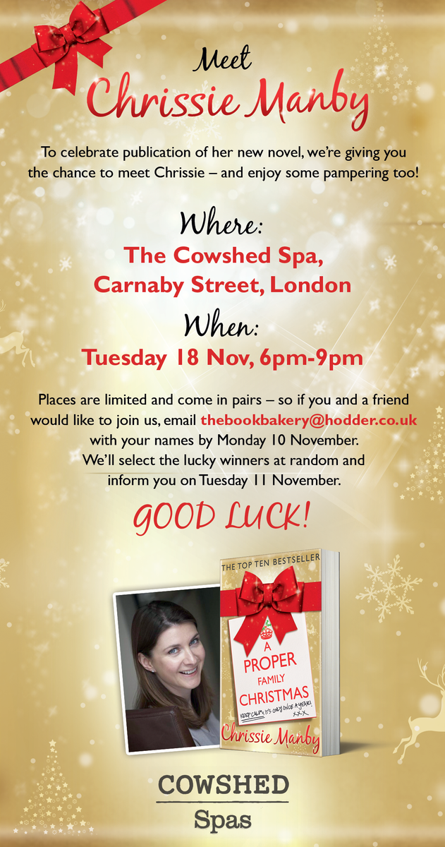 HodderBooks's tweet photo. Join us on November 18th for a pamper session with @chrissiemanby at the @cowshedonline Spa! http://t.co/KxJuno8m24