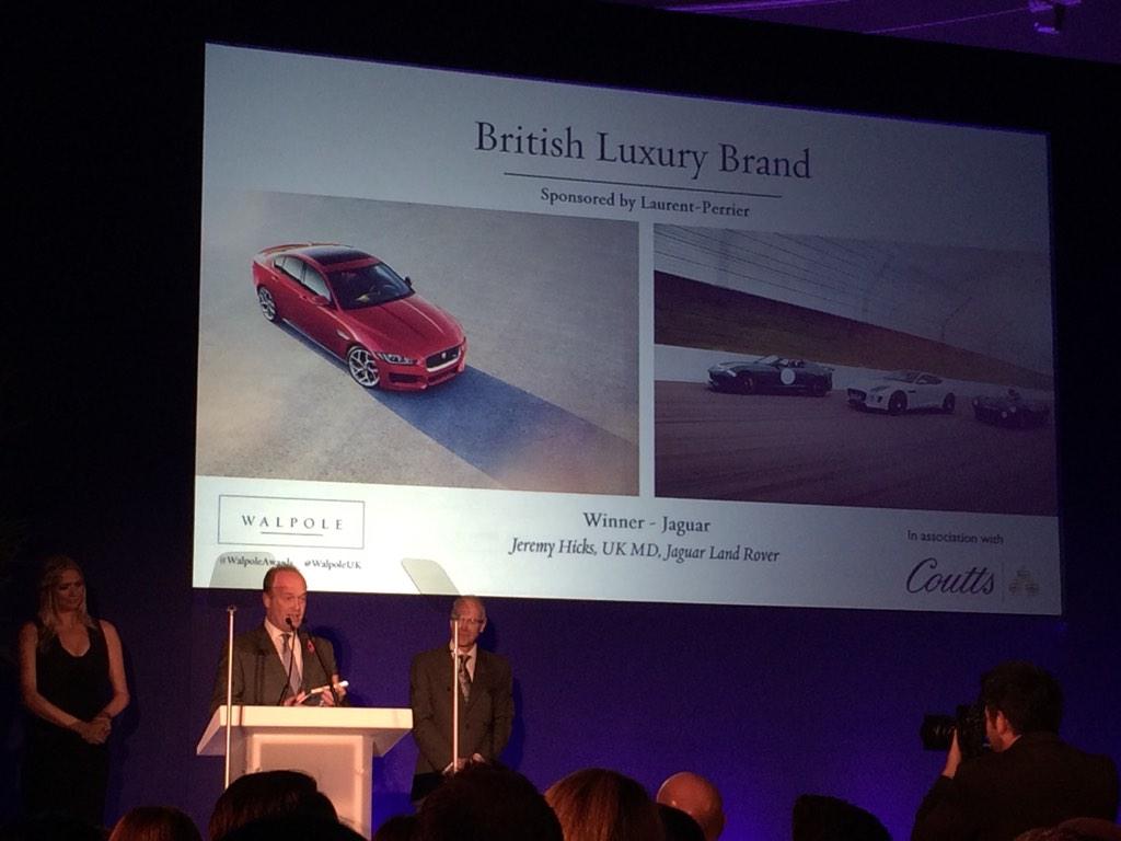 theragers's tweet photo. Victorious @Jaguar collecting BEST BRITISH LUXURY BRAND from @RealJodieKidd @JeremyCHicks @WalpoleUK #WalpoleAwards http://t.co/7BL7LLEaWR
