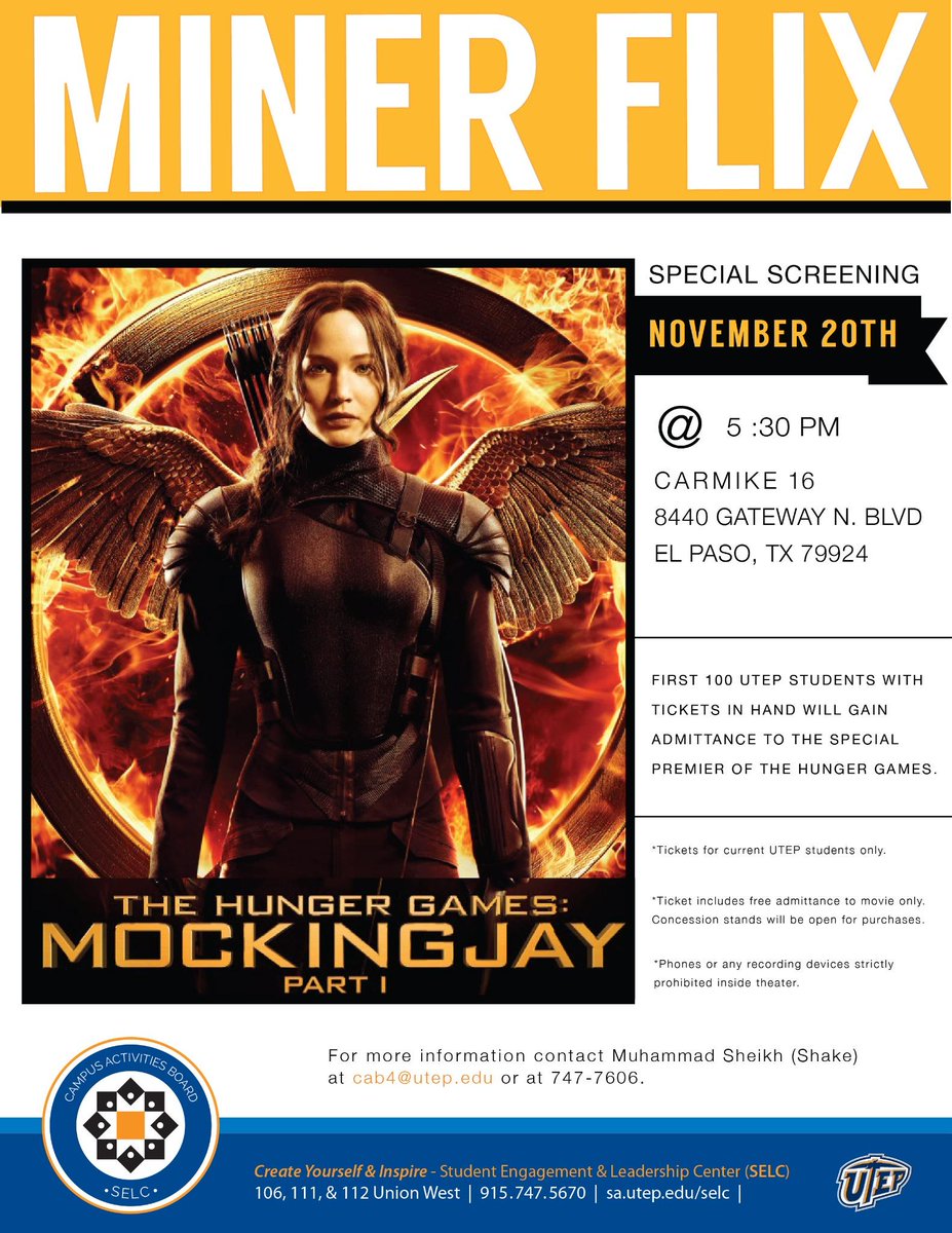 UTEPCAB's tweet image. Today Miner Flix tickets will be available @ the cab meeting 12:30 p.m. Union West 111 for the Special Screening!