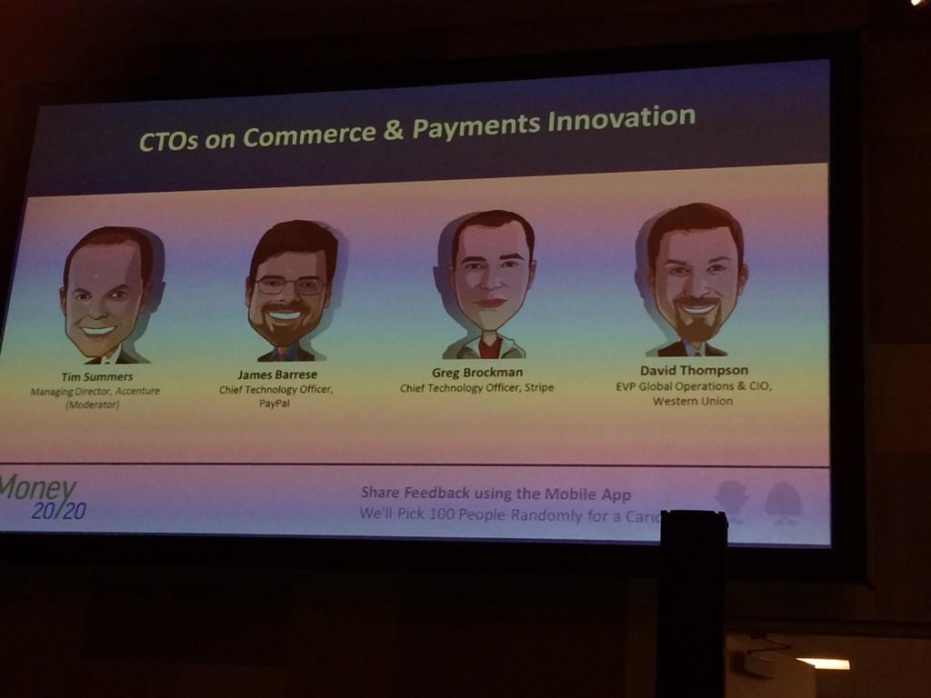 indysil's tweet photo. Excited to hear the panelists at the CTOs on Payments Innovation session #money2020 #paypal http://t.co/9Ehbs6Td5m