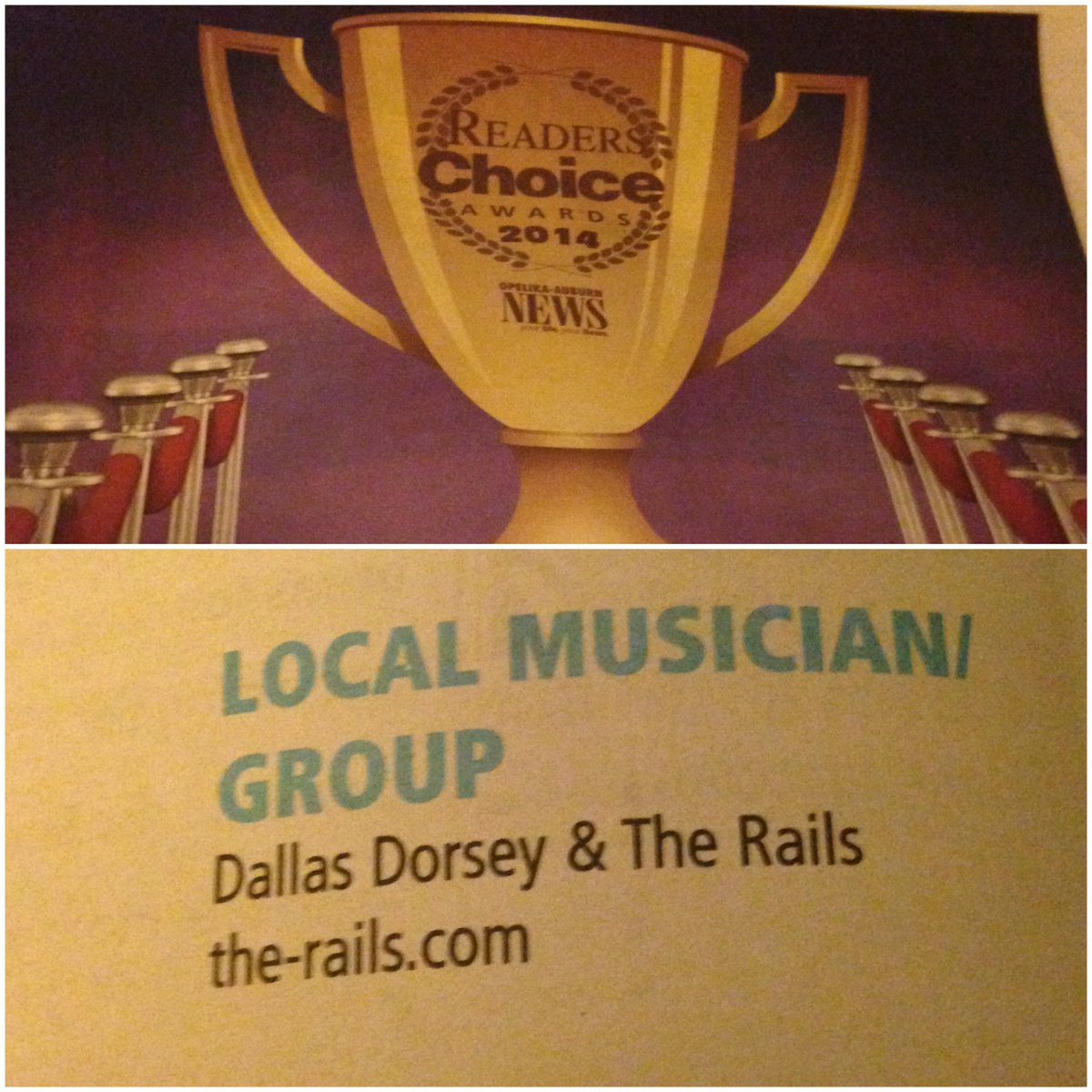DallasRails's tweet photo. Thanks to the readers of the Opelika-Auburn News (@oanow) for choosing us as Best Local Musician/Group! A true honor! http://t.co/a9HpujsCRN